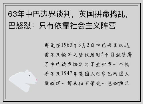 63年中巴边界谈判，英国拼命捣乱，巴怒怼：只有依靠社会主义阵营