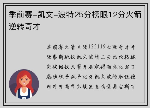 季前赛-凯文-波特25分榜眼12分火箭逆转奇才
