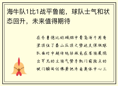 海牛队1比1战平鲁能，球队士气和状态回升，未来值得期待